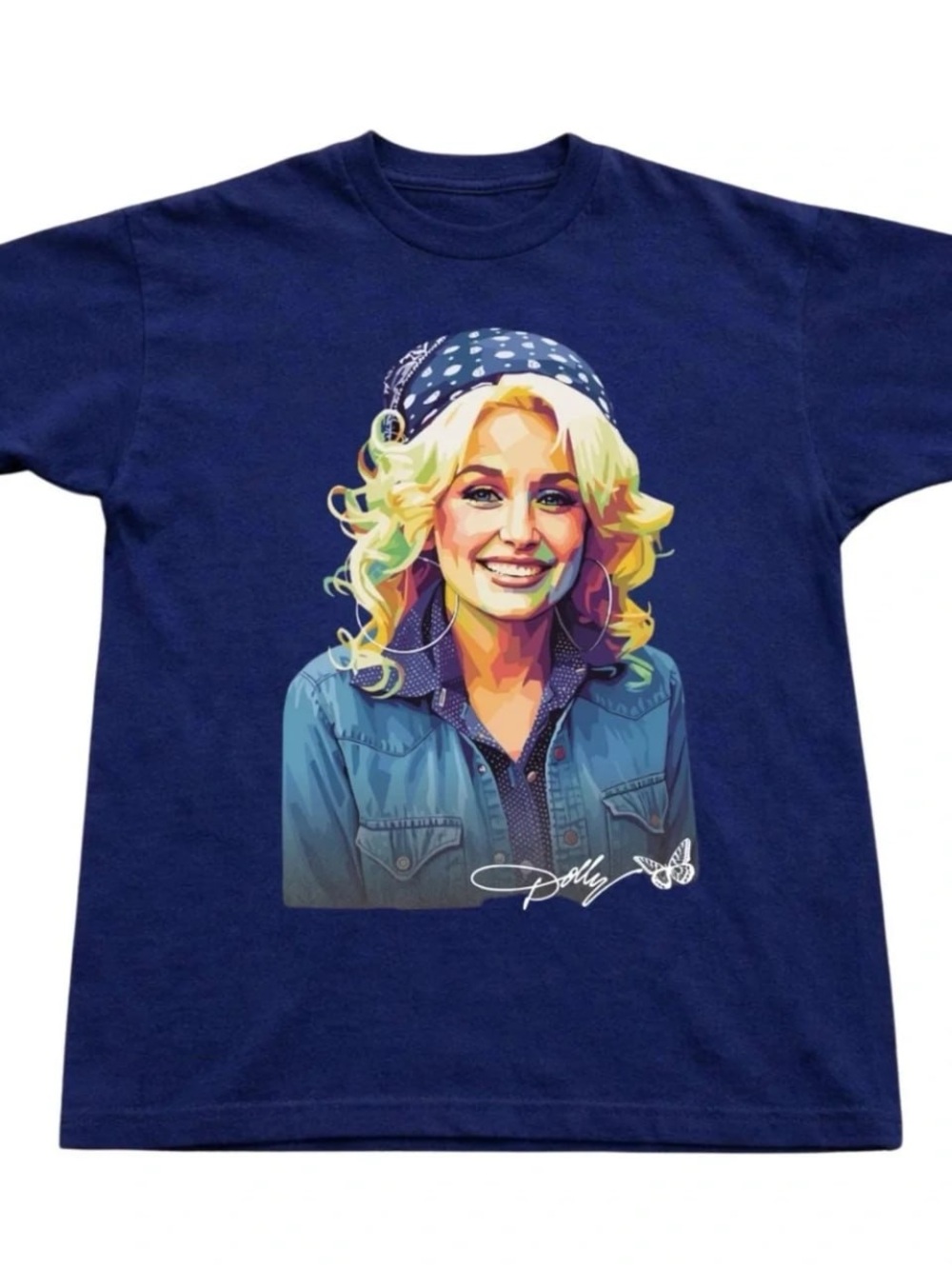 Navy Short Sleeve Tee with Dolly Parton Blonde Portrait Graphic